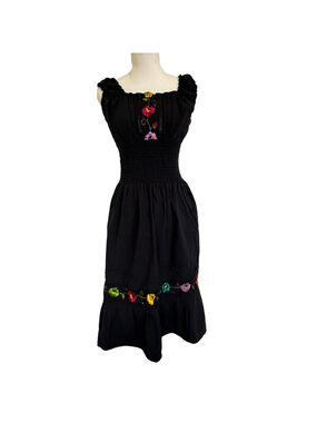 Vintage Boho Smocked Floral Embroidered Midi Dress Black Medium